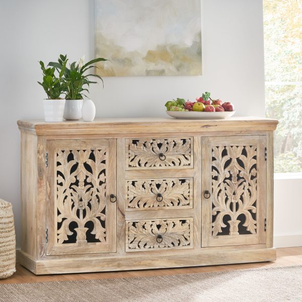 Scaggs Boho Handcrafted Mango Wood 3 Drawer Sideboard, Antique White - Image 2