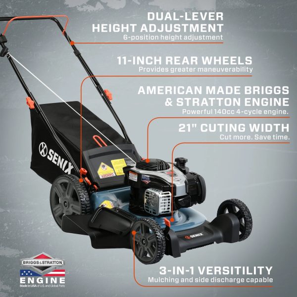 SENIX 21-Inch Push Lawnmower, 140 cc 4-Cycle Briggs & Stratton Engine, 3-in-1 Mower, Prime & Pull, 6-Position Height Adjustment with 11-Inch Rear Wheels, LSPG-M7 - Image 2