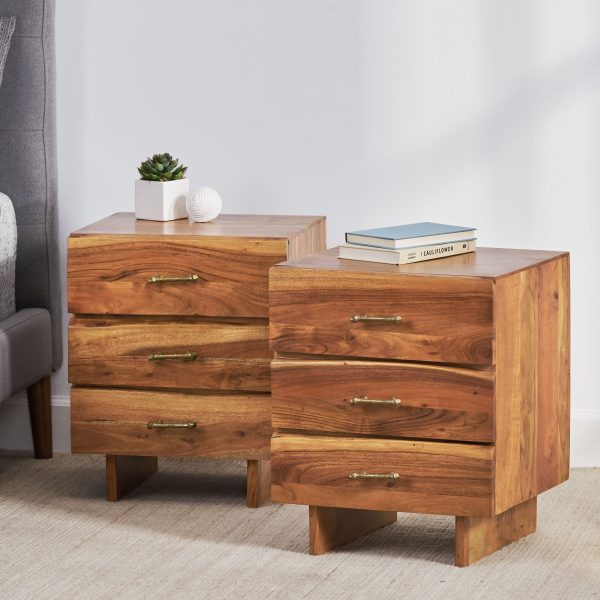 Tift Terrell Handcrafted Boho Acacia Wood 3 Drawer Nightstand, Set of 2 - Image 2