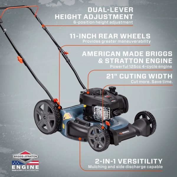 SENIX 21In Gas Lawn Mower, 125cc 4-Cycle Briggs & Stratton Engine, 2-In-1 Push Lawnmower, 6 Height Adjustment with 11In Rear Wheels, LSPG-M4 - Image 9