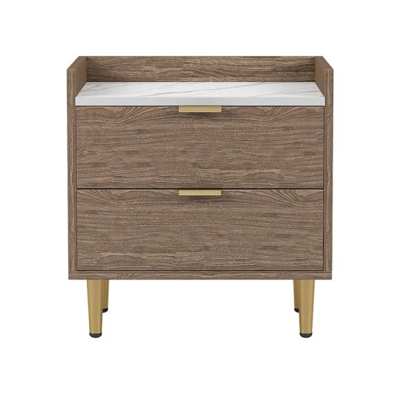 Ecarpat Wooden Nightstand with 2 Drawers, Bedside Table with Metal Legs&Handles, Side Table with Marbling Worktop for Living Room Bedroom, Walnut - Image 5