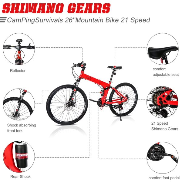 iRerts Mountain Bike, 26 Inch Folding Adult Mountain Bike with 21 Speed, Dual Disc Brakes, Cushion Height Adjustment, Carbon Steel Mountain Bicycles for Men Women Adults, Red/Black - Image 2