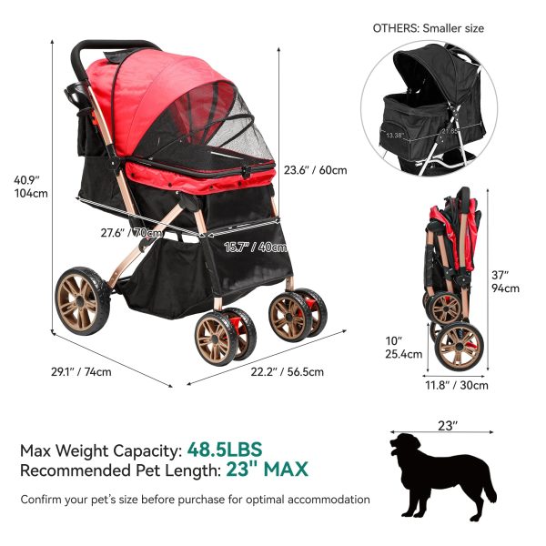 Dextrus Dog Stroller for Medium Small Dogs, Upgraded Version with Larger Room, 4 Wheels Foldable Pet Stroller with 360° Rotation Wheel, Cat Kitty Puppy Stroller with Storage Basket (Red) - Image 7