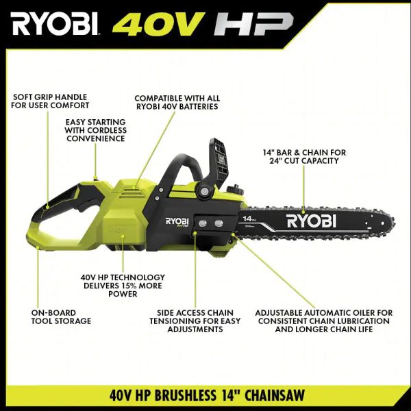 RYOBI RY405010BTL 40V HP Brushless 14 in. Cordless Battery Chainsaw (Tool Only) - Image 3