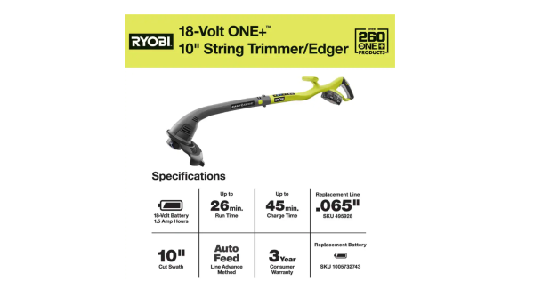 RYOBI P2030 ONE+ 18V 10 in. Cordless Battery String Trimmer and Edger with 1.5 Ah Battery and Charger - Image 7
