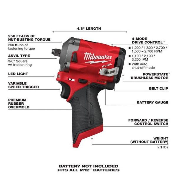 Milwaukee M12 FUEL 12V Lithium-Ion Brushless Cordless Stubby 3/8 in. Impact Wrench (Tool-Only) - Image 4