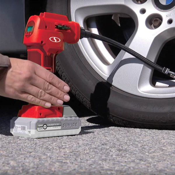 Sun Joe 24V-AJC-LTE-RED Cordless Portable Air Compressor with Nozzle Adapters, Automatic Digital Pressure Gauge, Built-in LED Light & Case | 24-Volt | 2.0-Amp (Red) - Image 5