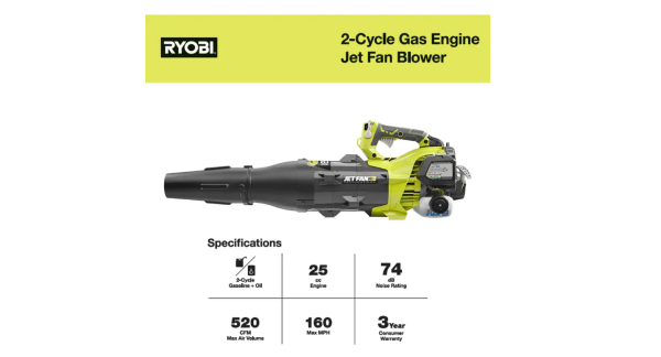 RYOBI RY25AXB 160 MPH 520 CFM 25cc Gas Jet Fan Blower - Image 9