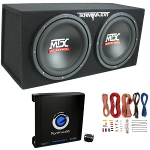 MTX TNE212D 12" 1200W Dual Loaded Car Subwoofers + Box + Planet 1500W Amp + Kit