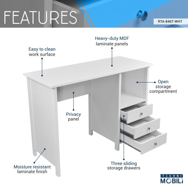 Techni Mobili Contemporary Desk with 3 Storage Drawers, White - Image 6