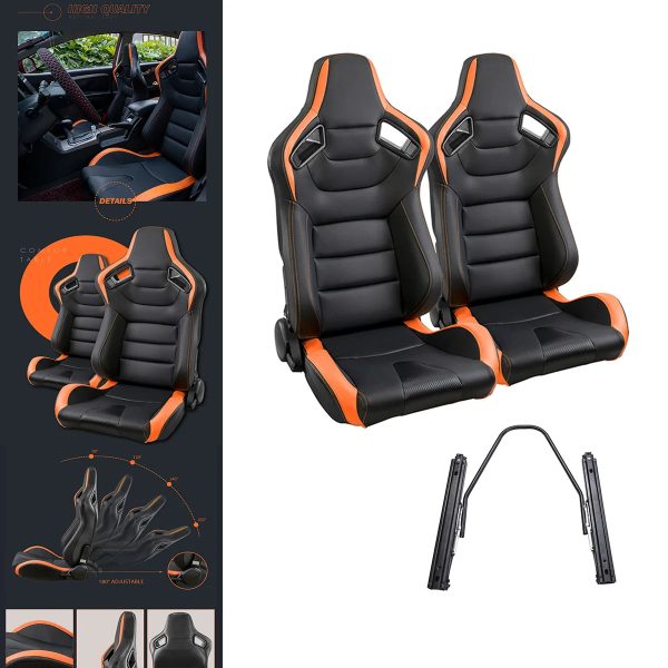 Racing Seats, 2PCS Universal PVC Leather Racing Seats with Dual Lock Sliders, Reclining Design & Front-Back Adjustable Seats (Black&Orange) - Image 5