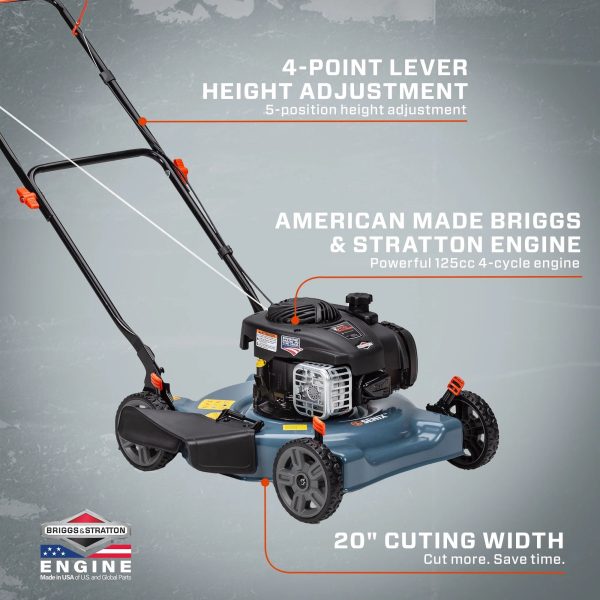 SENIX 20-Inch Gas Lawn Mower, 125 cc 4-Cycle Briggs & Stratton Engine, Push Lawnmower with Side Discharge, 5-Position Height Adjustment, LSPG-L3 - Image 5