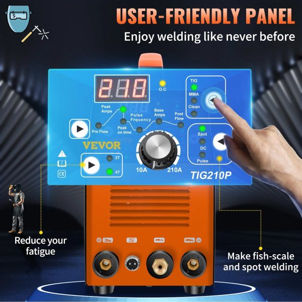 VEVOR 210Amp TIG Welder 110/220V Dual Voltage HF TIG/Stick/Clean 3 in 1 Welder w/ Pulse, IGBT Inverter & Torch, Digital Arc Welding Machine for Stainless Steel, Iron, Mild Steel, Copper, and Nickel - Image 4