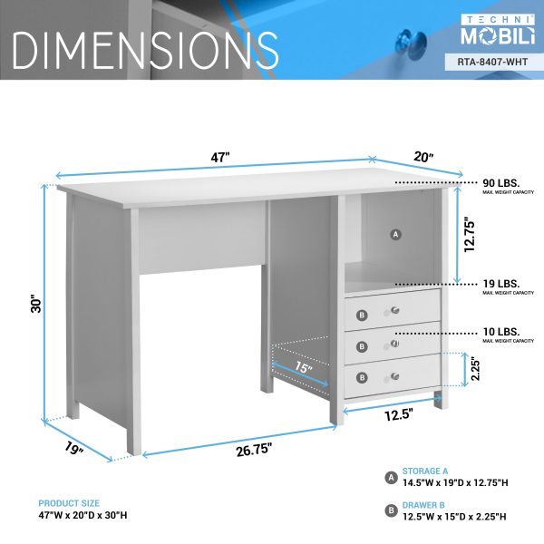 Techni Mobili Contemporary Desk with 3 Storage Drawers, White - Image 7
