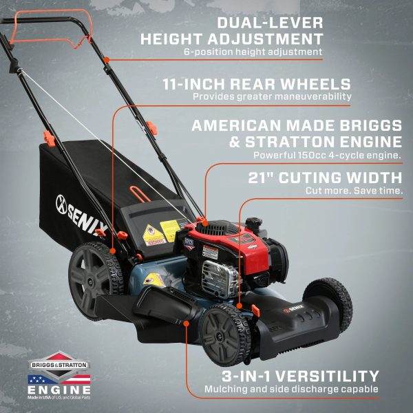 SENIX Self-Propelled Gas Lawn Mower, 21-Inch, 150 cc 4-Cycle Briggs & Stratton Engine, 3-In-1 Single Speed Lawnmower, 6-Position Height Adjustment with 11-Inch Rear Wheels, LSSG-M1, Blue - Image 2