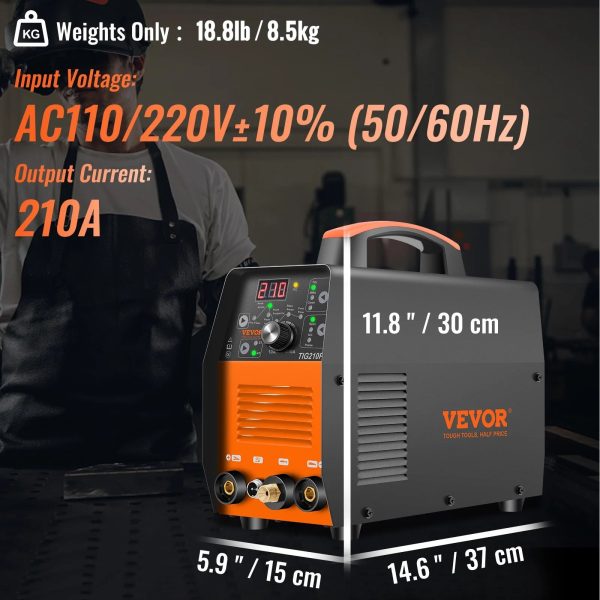 VEVOR 210Amp TIG Welder 110/220V Dual Voltage HF TIG/Stick/Clean 3 in 1 Welder w/ Pulse, IGBT Inverter & Torch, Digital Arc Welding Machine for Stainless Steel, Iron, Mild Steel, Copper, and Nickel - Image 7