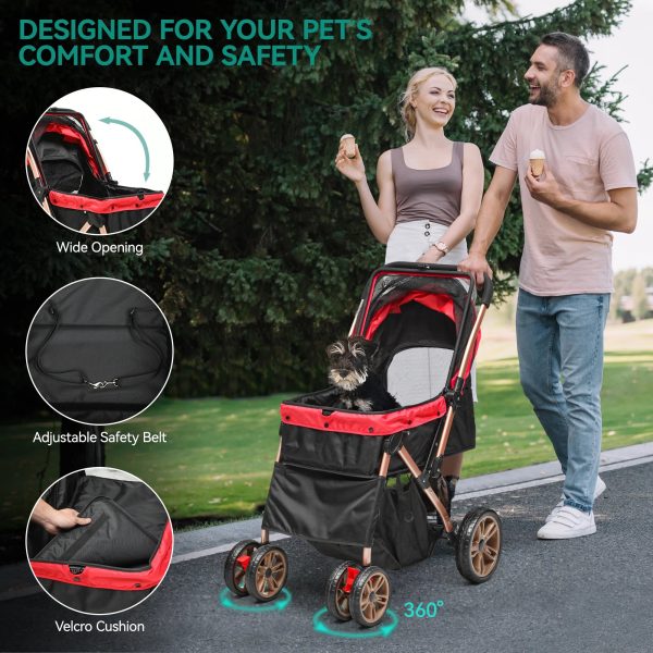 Dextrus Dog Stroller for Medium Small Dogs, Upgraded Version with Larger Room, 4 Wheels Foldable Pet Stroller with 360° Rotation Wheel, Cat Kitty Puppy Stroller with Storage Basket (Red) - Image 5